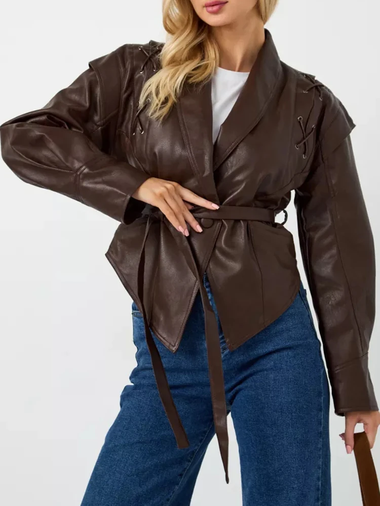 Ailegogo Spring Autumn Women Vintage Streetwear Loose Belt Single Button Long Sleeve Faux Leather Jacket Outwear
