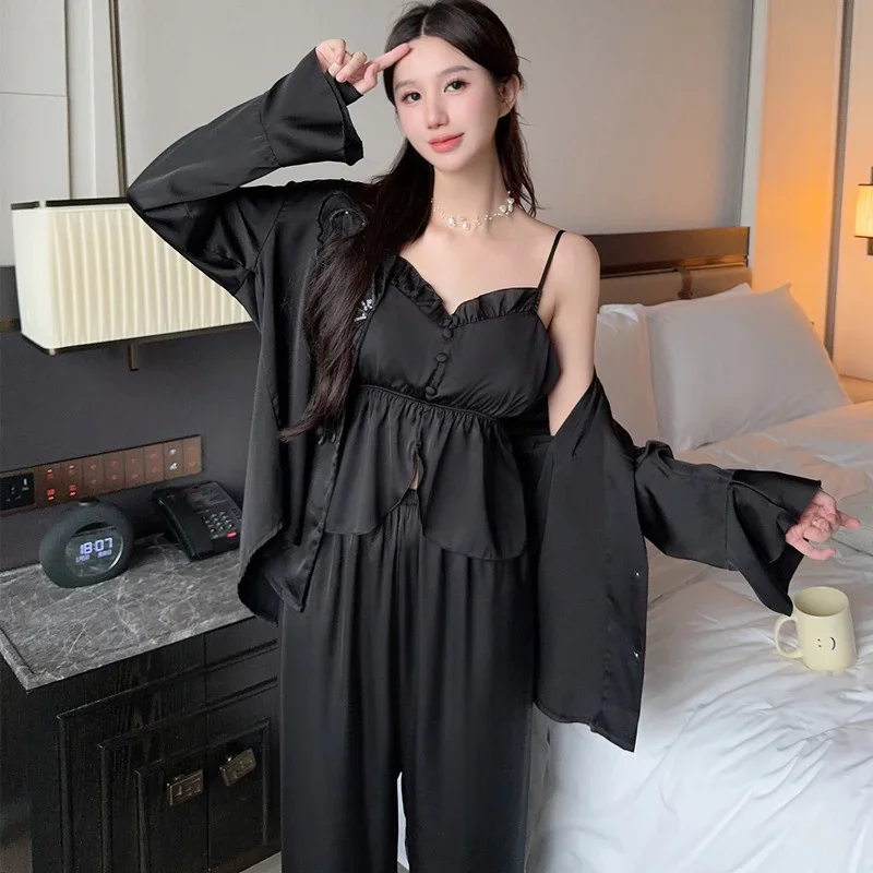 Women Ice Silk Rayon 3Pcs Pajama Set Long Sleeve Elegant Lace Robe & Pants Soft Breathable Lightweight Loose Casual Spring Autum