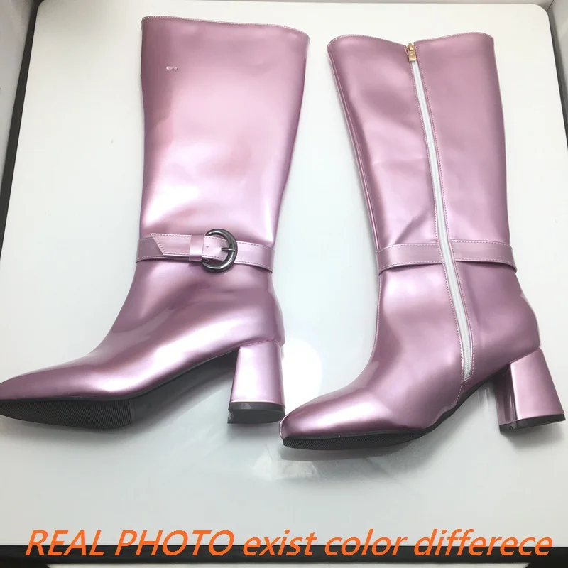 REAVE CAT Concsie Stivali alti al ginocchio da donna Tacchi alti con punta tonda 6,5 cm Scarpe in pelle verniciata Taglia grande 47 48 Bota