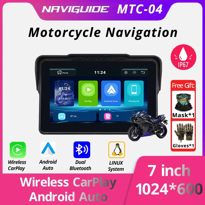 

NAVIGUIDE 7 inch MTC-04 Carplay Display Screen Portable Motorcycle Android Auto IP67 MOTO Navigation Speed 1024*600 BT