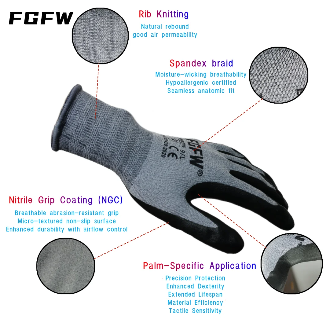 ถุงมือทำงานสแปนเด็กซ์ระบายอากาศนุ่ม 3 คู่พร้อมด้ามจับยางไนไตรล์ - กันลื่น ทนทาน ขนาดทุกเพศ S-XXL