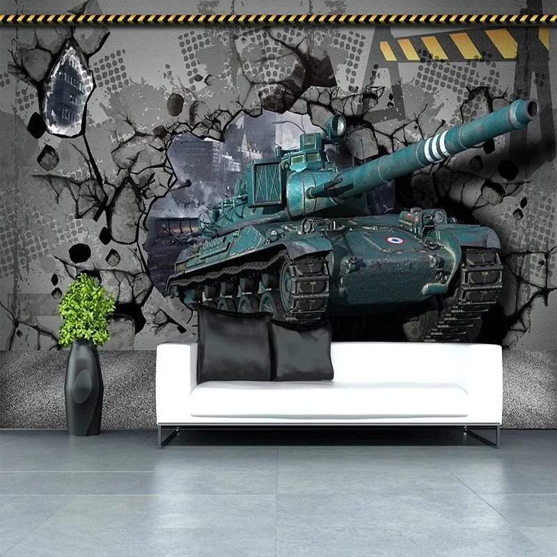 3D Stereo Embossed Tank Broken Wall Mural Wallpaper Living Room Children Boy's Bedroom Background Wall Covering Papel De Parede