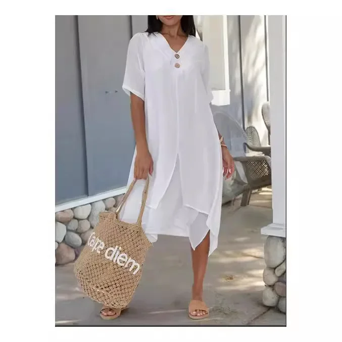 New Women's Woven Cotton Linen Double Layered Split V-neck Artistic Dress for Summer 2025