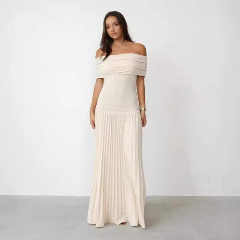 

Elegant Shawl Pleated Diamonds Long Dress Women Sleeveless High Waist Slim Patchwork Evening Dresses 2025 Summer Chic Lady Robe