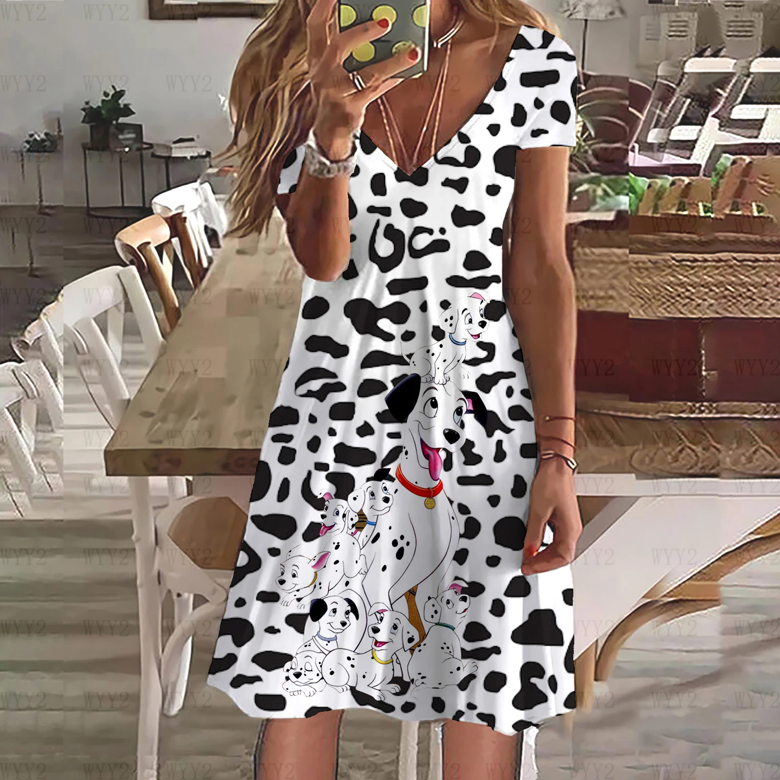 Abito con scollo a V da donna nuova estate stampato Disney dalmata Casual Fashion Ladies Party abbigliamento manica corta abbigliamento