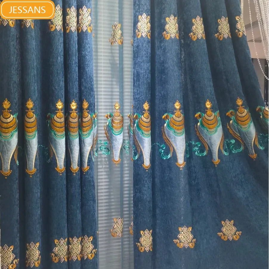 

Blue Embroidered Window Screen Thiha Chenille Thickened Curtains for Living Room Bedroom Villa Balcony French Window Customized