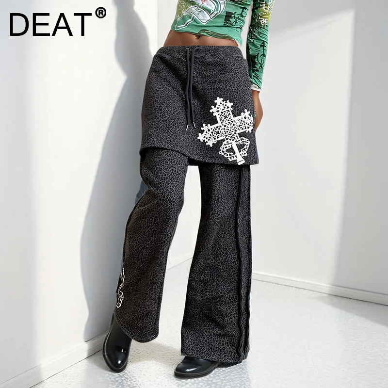 DEAT Trendy Fake Two Piece Leopard Long Pants For Women Fashion Bell-bottoms High Waist solid color 2024 Winter New 11A01996