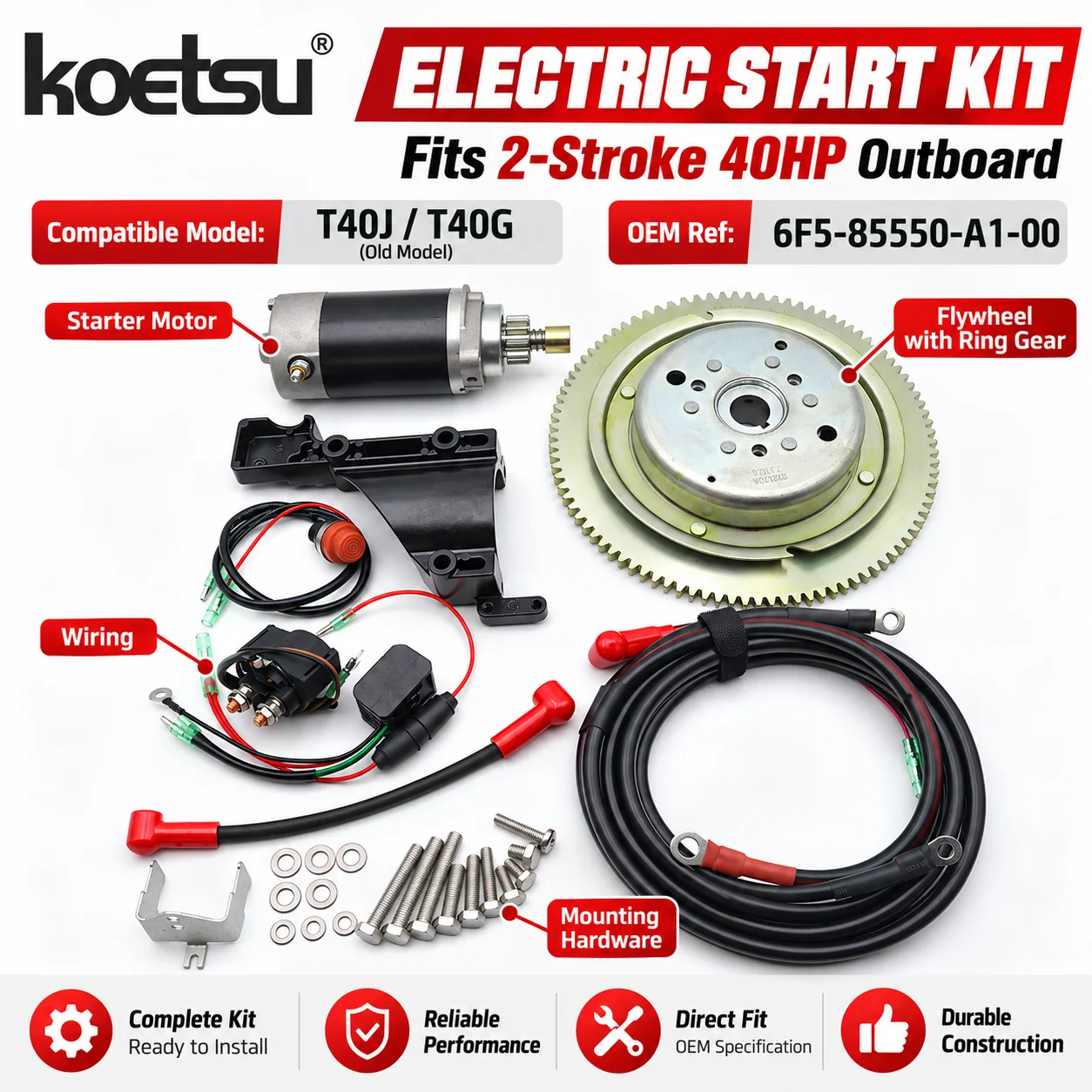 KOETSU Electric Start Conversion Kit, Fits Yamaha 2-Stroke 40HP Old Model 6F5 6F6 6J4 Marine Boat Engine Replacement Spare Parts