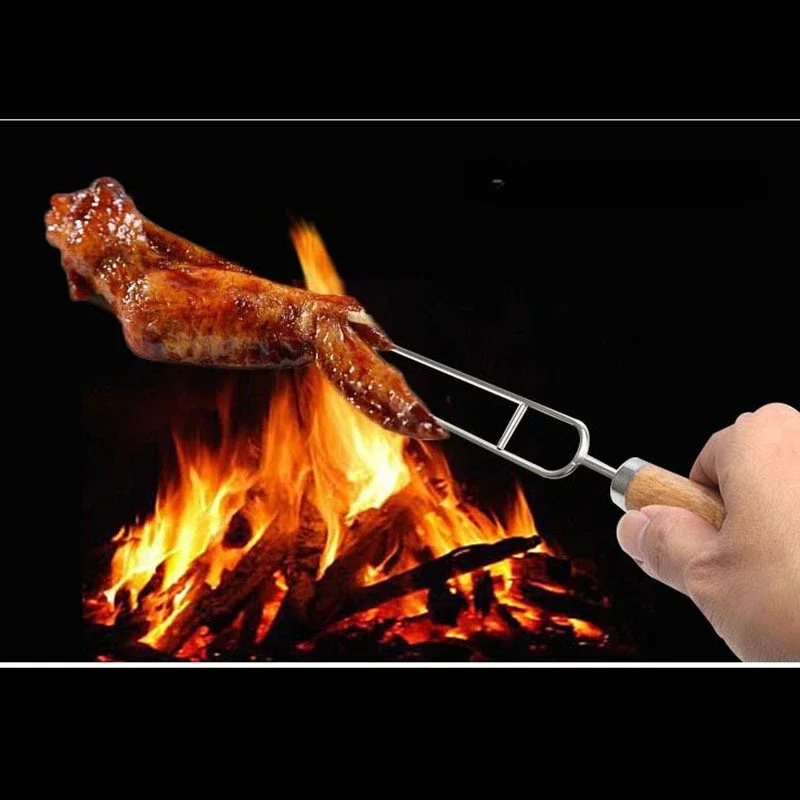6pcs Double Prong Stainless Steel Kebabs Skewers with Wooden Handle for Grilling BBQ Reusable Shish Kebab Forks