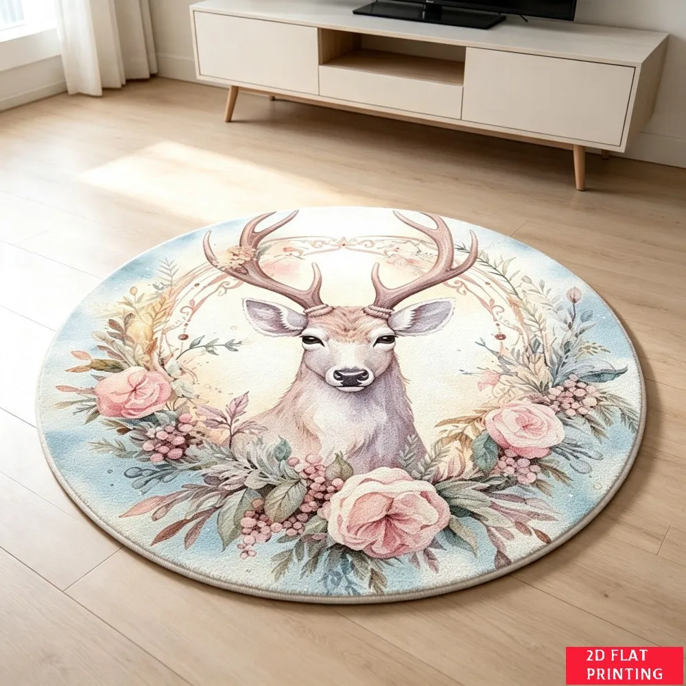 Watercolor Deer Head Floral Wreath Round Carpet For Rustic Living Room Or Nursery With Soft Pink Rose Printed Carpet