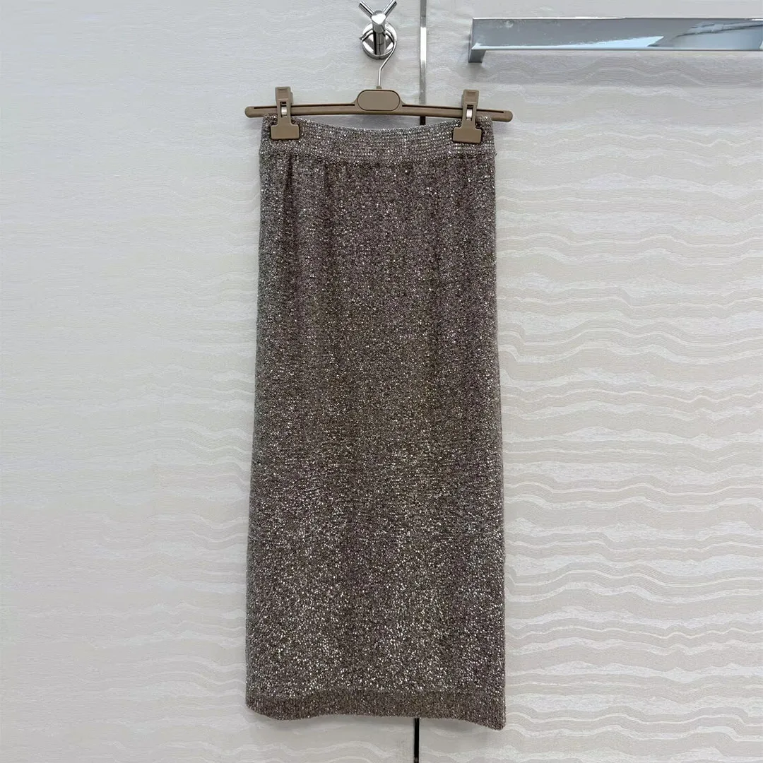 2026 New Fashion Vintage Brown Sequins Knitted Long Skirts Womens Elastic High Waist Elegant Fashion Straight Skirt