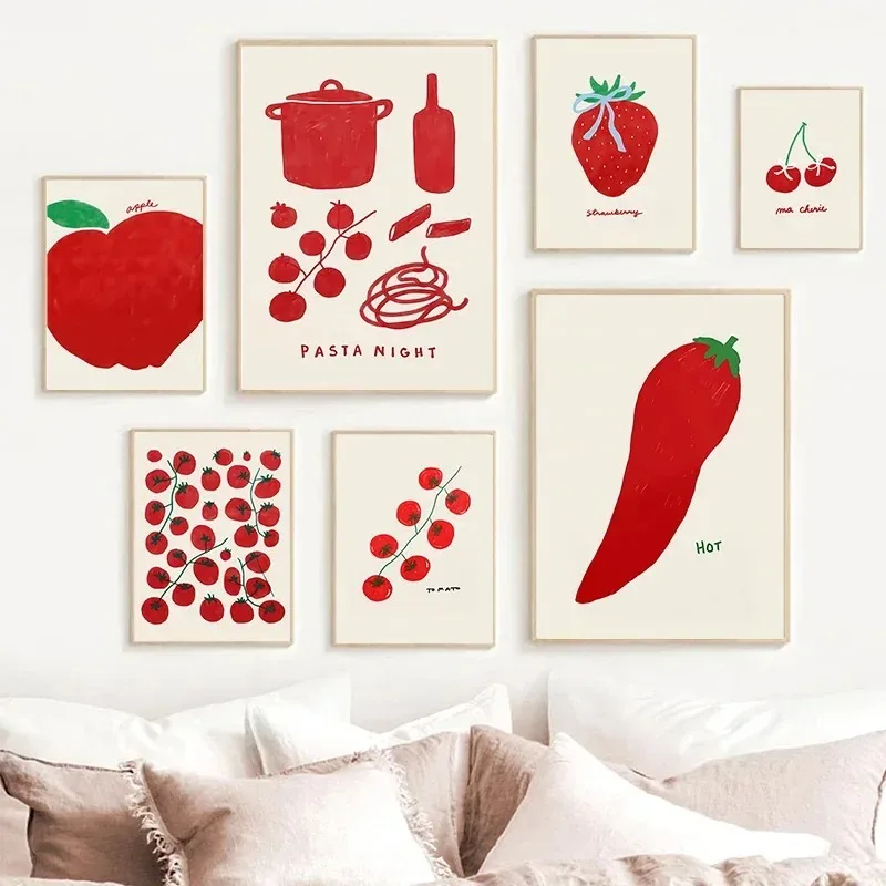 Red Food Tomato Chilli Strawberry Cartoon Wall Art Poster Vintage Eclectic Italian Food Canvas Painting Kitchen Bedroom Wall Art