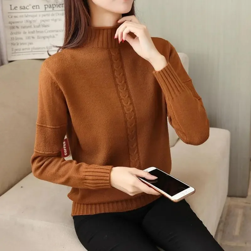 2023 Winter Knitted Sweater Women Korean Turtleneck Sweater Solid Pullover Warm Jumpers Basic Tops Soft Knit Brown Sweater