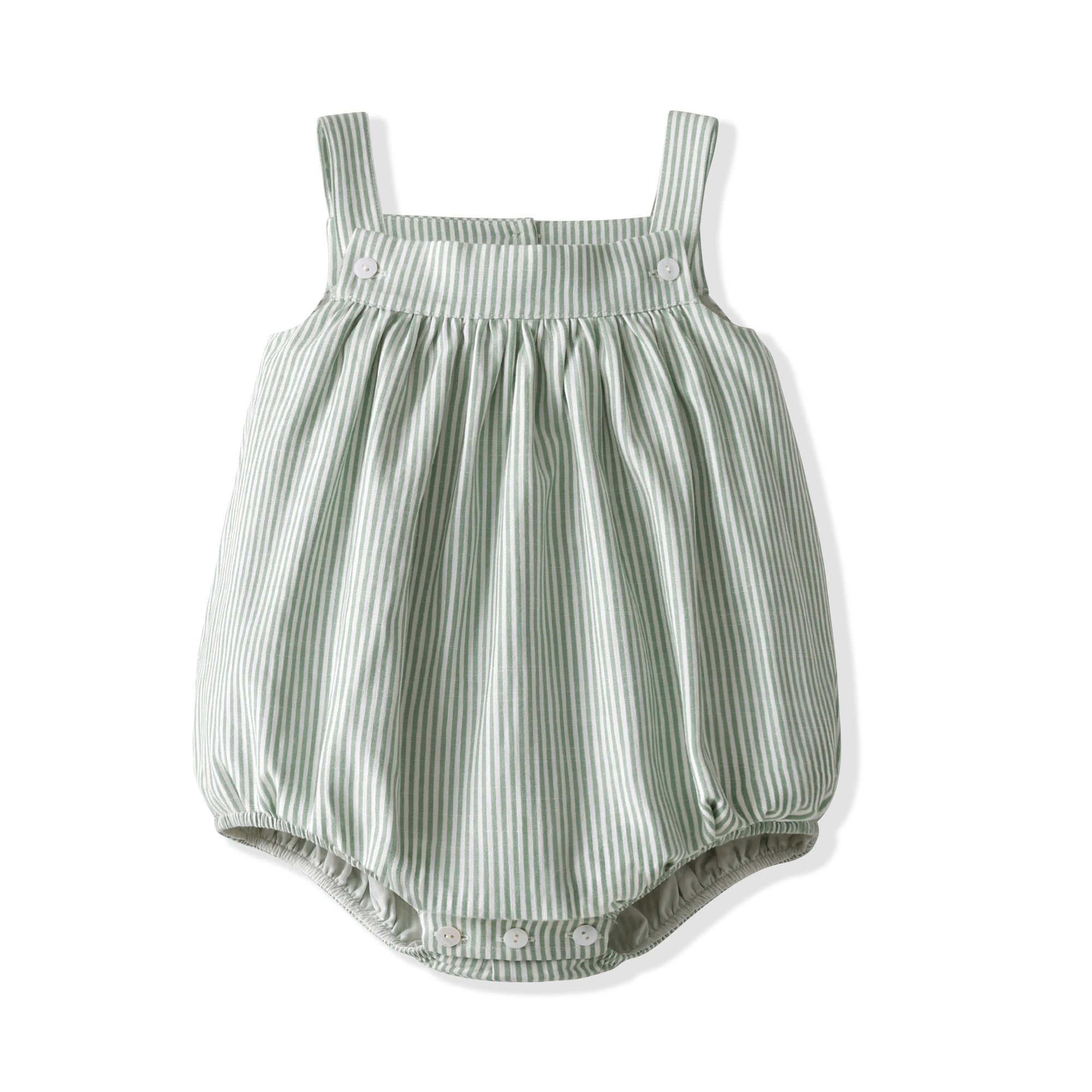 High Quality Green Color Stripe Button Detail Baby Romper Sleeveless Newborn Toddler Summer Rompers Clothing For 6m-2y