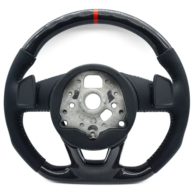 For Audi A4B9 S-Line carbon fiber semi-perforated steering wheel with white stitching and red center mark, flat bottom