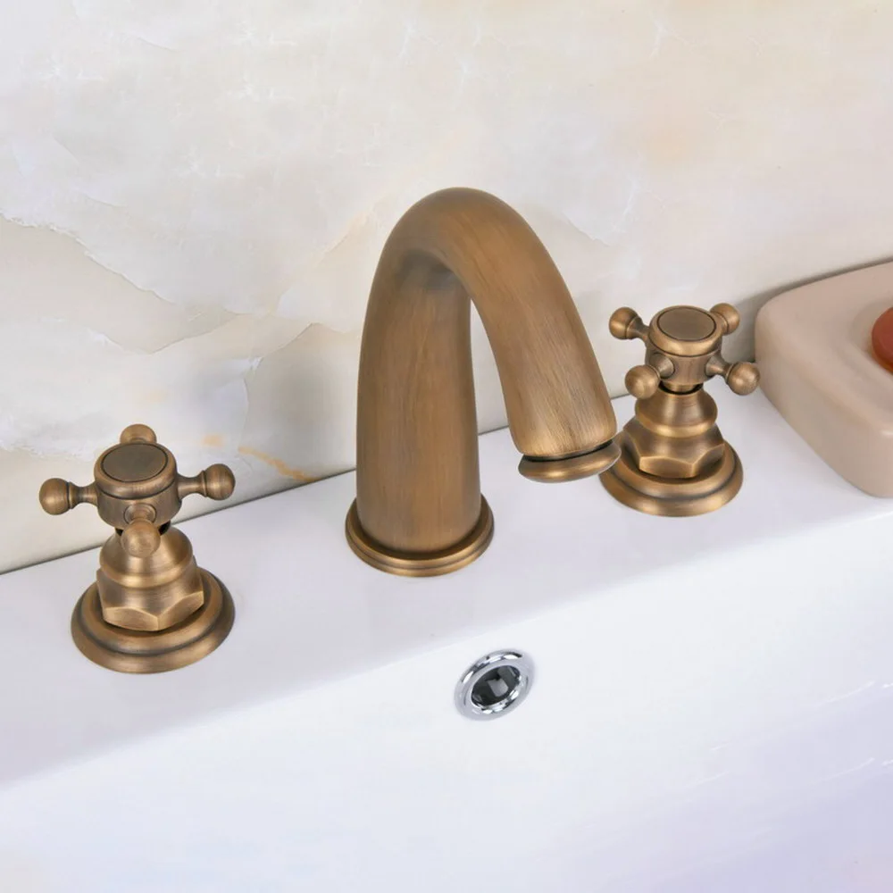 

Antique Brass Widespread Bathroom Sink Faucet 3 Hole Basin Mixer Tap aan077
