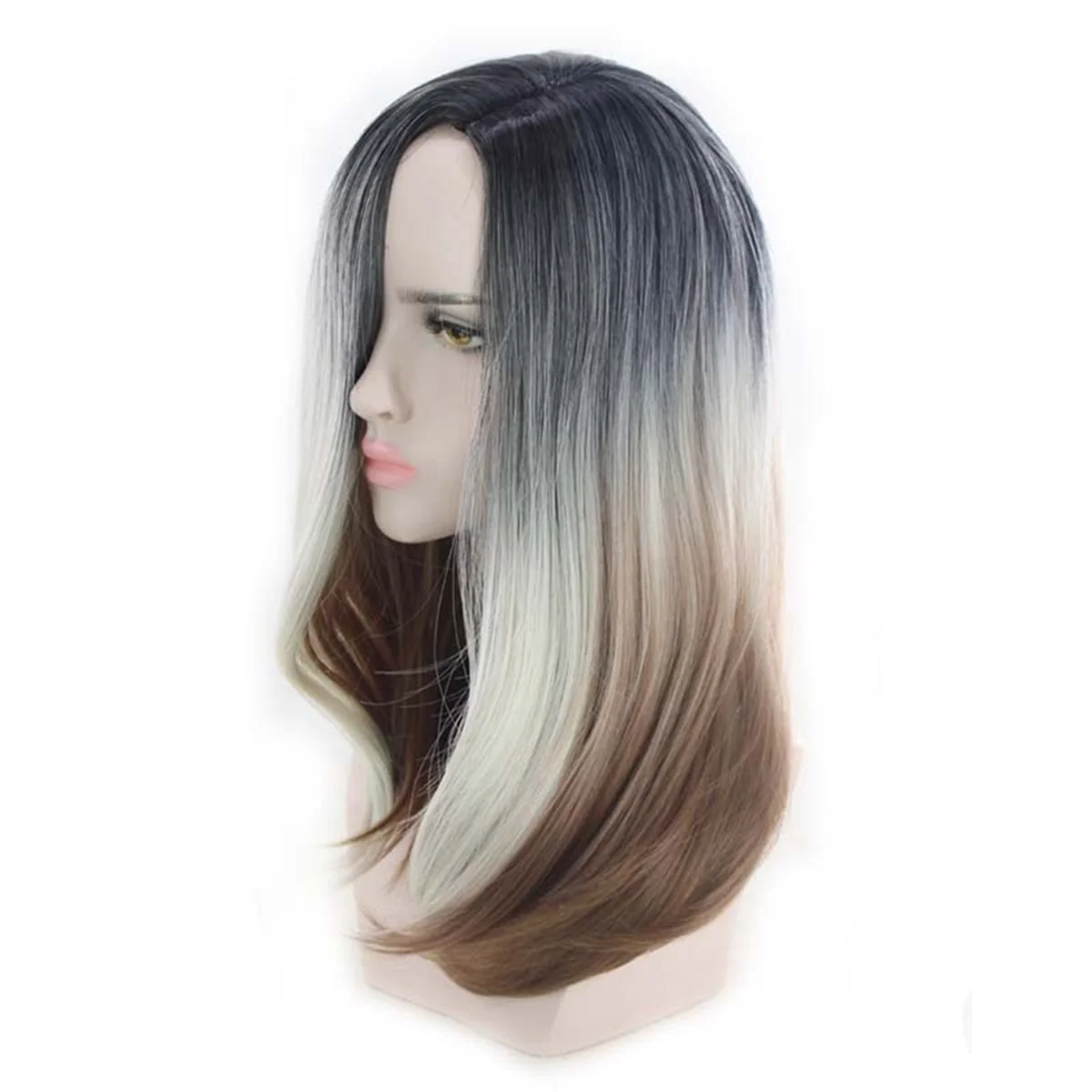 Natural Long Wavy Synthetic Heat Wig Resistant Ombre Silver Wigs Hair Girls Cosplay Party