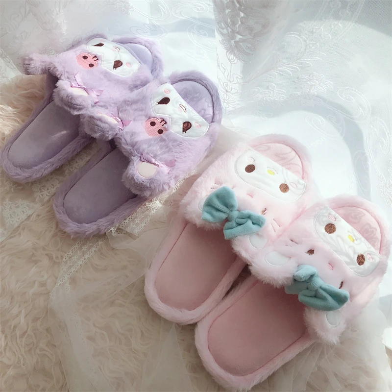 Kawaii Kuromi My Melody Cartoon Slippers Women Girl Anime Flat Peep Toe Plush Indoor Shoes Non-slip Casual Pink Spring Autumn