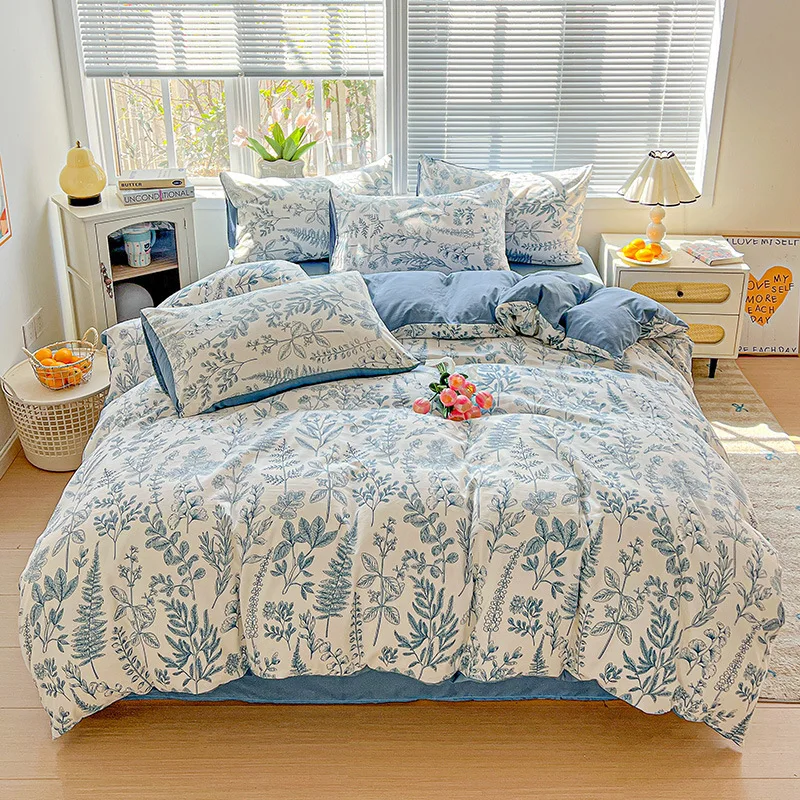 3-piece Washed Cotton Double Yarn Single Quilt Cover Simple Wind Ins Wind Small Floral Version Duvet Skin Friendly Bedding