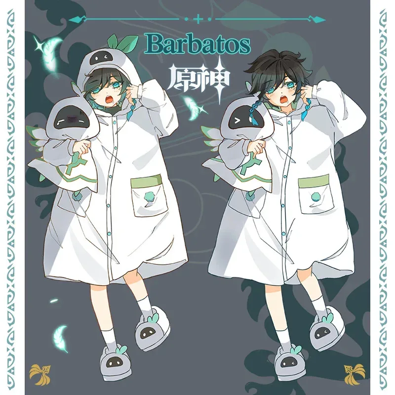 

25COSGenshin Impact Barbatos Robe Hooded Pajamas Loungewear Long Sleeve Sleepwear Cute Homewear Flannel Nightgowns for Adult