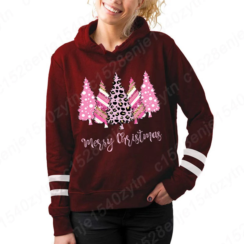 Hoodie motif Selamat Natal wanita, kaus pullover lengan panjang lucu ukuran Plus, Hoodie motif Selamat Natal pohon Natal merah muda kreatif, mode wanita