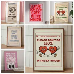 Retro Please Don't Coke In The Bathroom Animierte Herzen Beige Groovy Wandkunst Leinwand Malerei Poster Wohnzimmer Home Decor