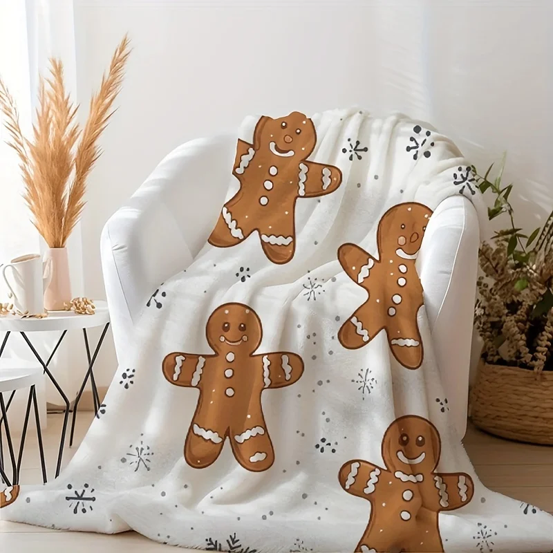 Cute Gingerbread Man Fleece Throw Blanket Polyester Couch Cover for Christmas Holiday Fall Winter Seasonal Decor Cozy Gift