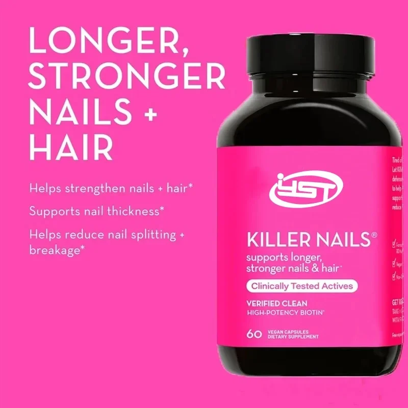 60 Capsules Killer Nails - Supports Longer, Stronger Nails and Hair - Efficient Vegetarian Biotin Promotes Growth and Health