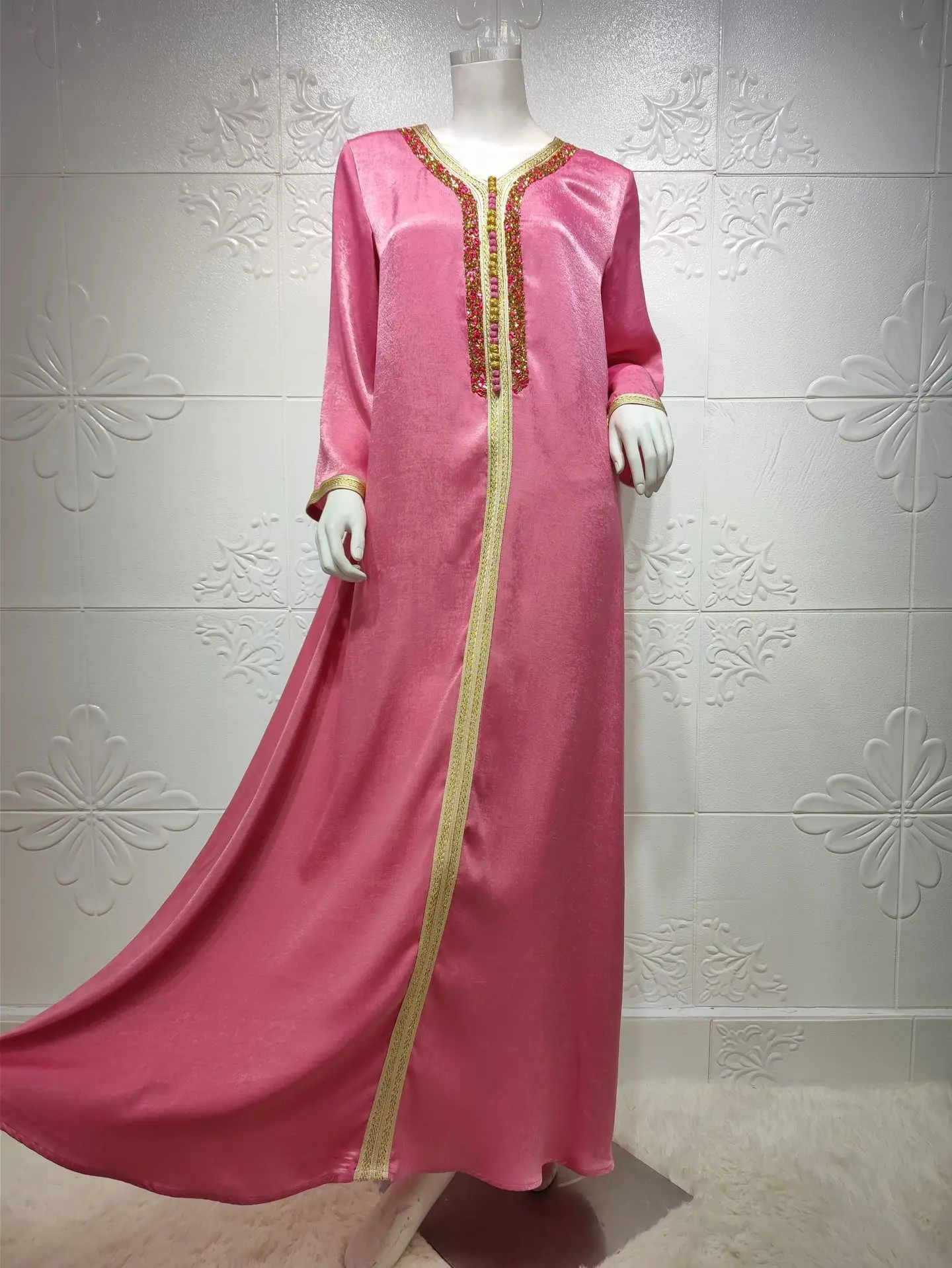 Muslim Hijab Dress for Women Pink Ramadan Eid 2021 Moroccan Kaftan Dubai Jalabiya Arabic Middle East Islamic Clothing