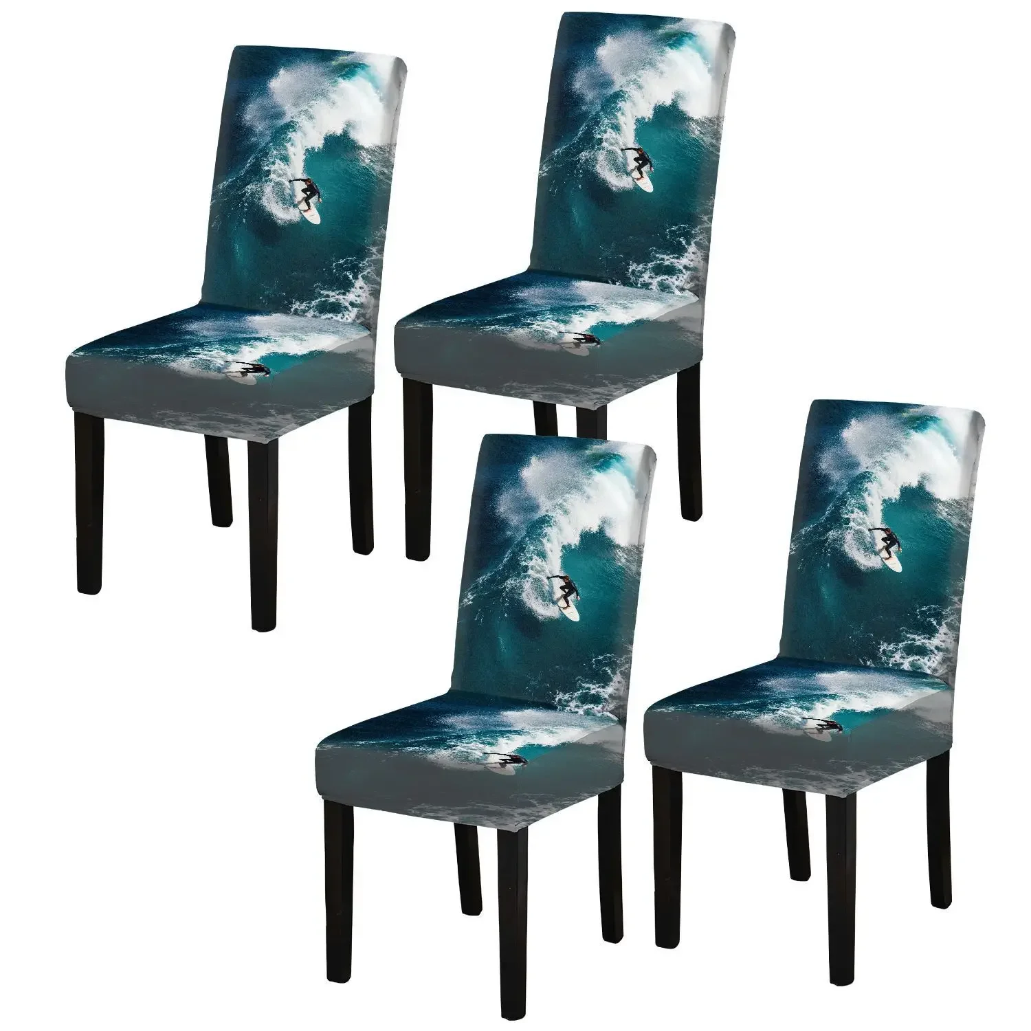 High-elastic printed dining chair cover, wave and sea view pattern, suitable for household dining tables and chairs