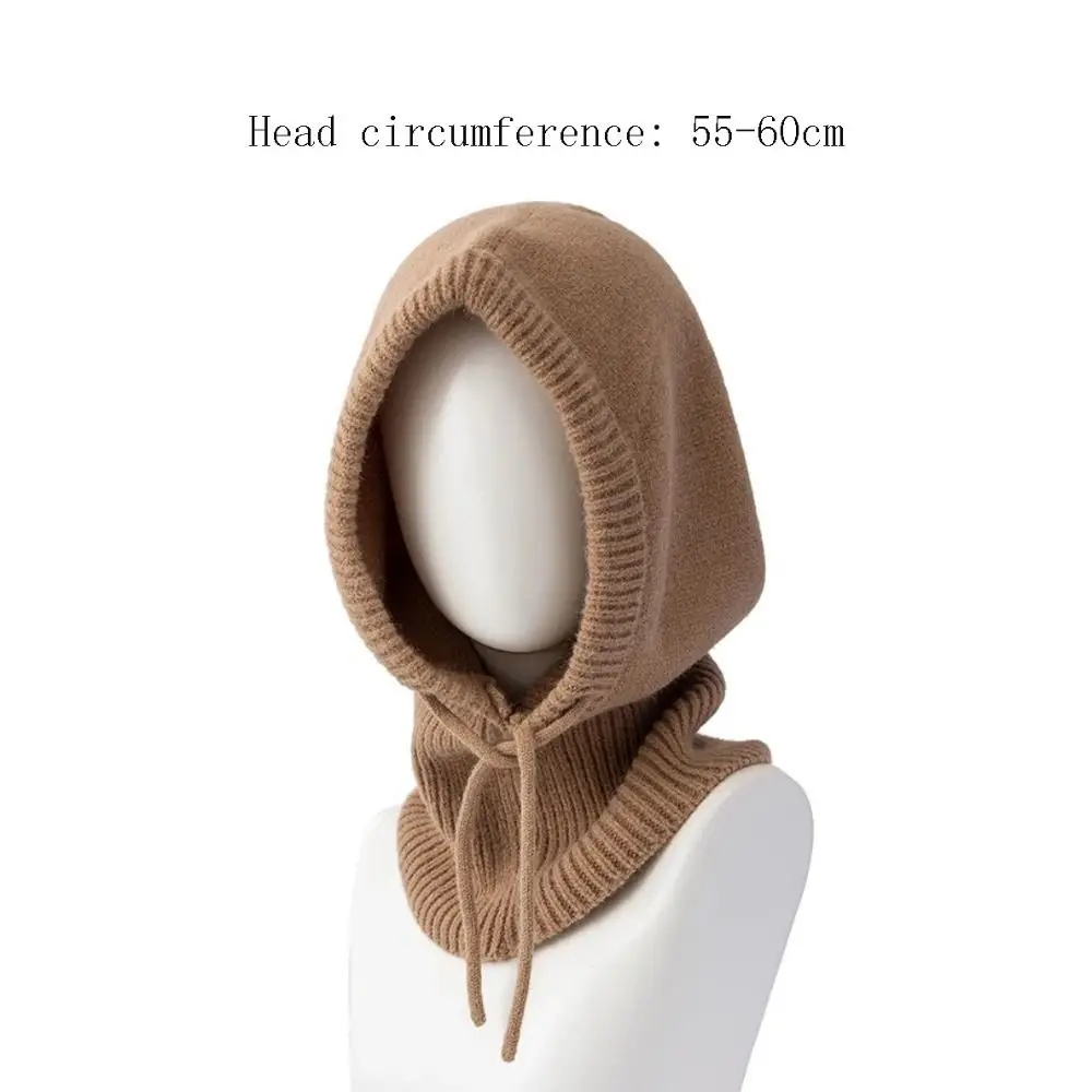 Thick Winter Knitted Hooded Caps Windproof Elastic Balaclava Hat Breathable Drawstring Adjustable One-piece Neck Collar