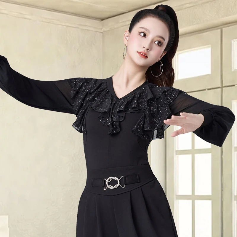 

Women'S Waltz Modern Dancing Top Black Long Sleeves Ballroom Dance Tops Adults Latin Dance Competition Practice Wear DW10964