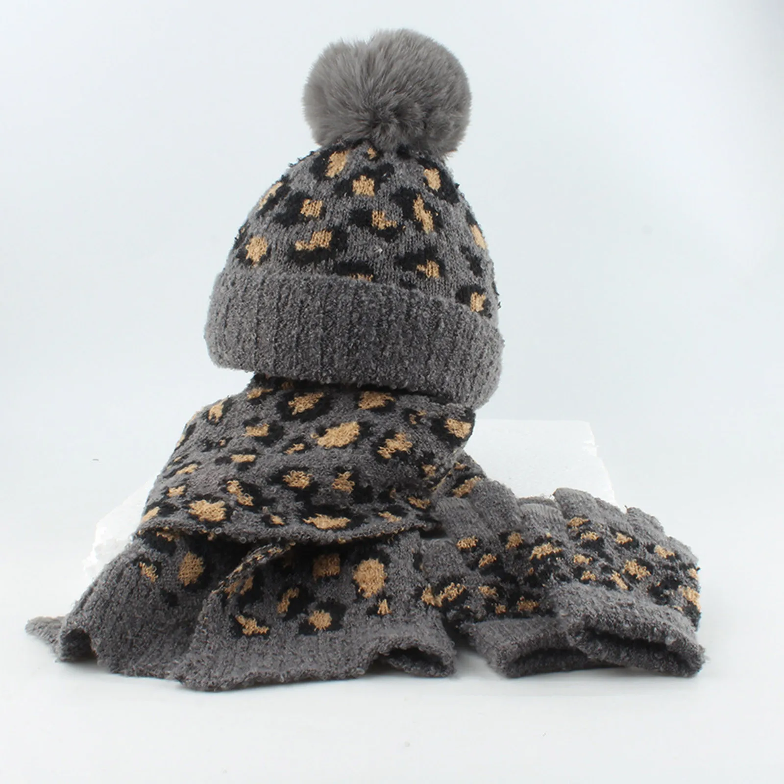 Winter Cold Resistant Knitted Hat Set For Kids Girls Leopard Print Outdoor Autumn Warm Woolen Hat Scarf Gloves Three Piece Set