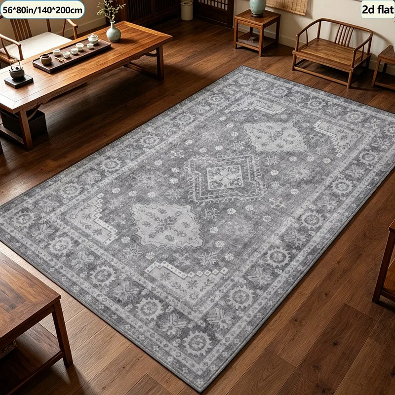 Vintage Grey Oriental Medallion Carpet Flooring, Distressed Boho Traditional Area Rug Anti‑Slip Floor Mat for Living Room Farmhouse Home Decoration