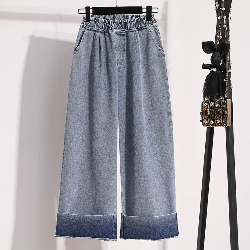 Luźne jeansy damskie z prostymi nogawkami, nowe na wiosnę, plus size, wyszczuplające, w stylu vintage, z wysokim stanem, szerokie spodnie z mankietami.