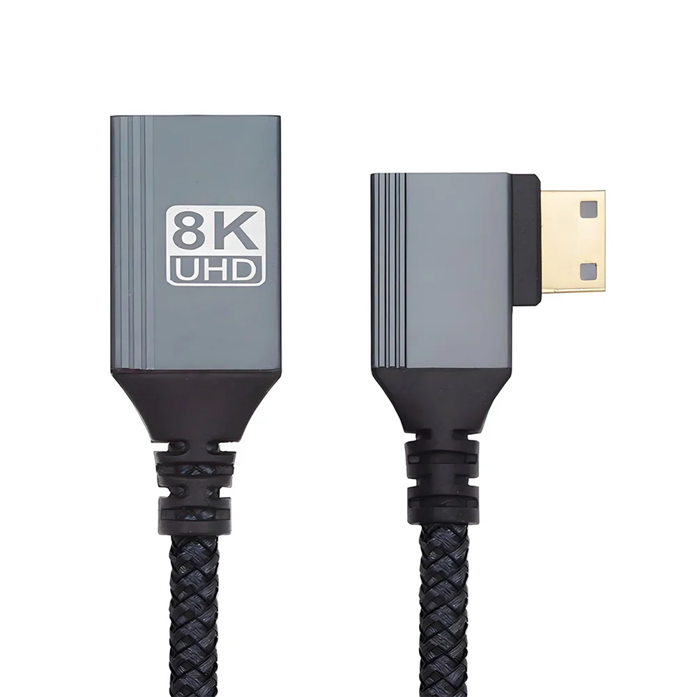 8K Type-C Mini HDMI 2.1 Male 90 Degree Up Angled to HDMI Female Extension HDTV Cable for DV Camera Laptop Portable Monitor