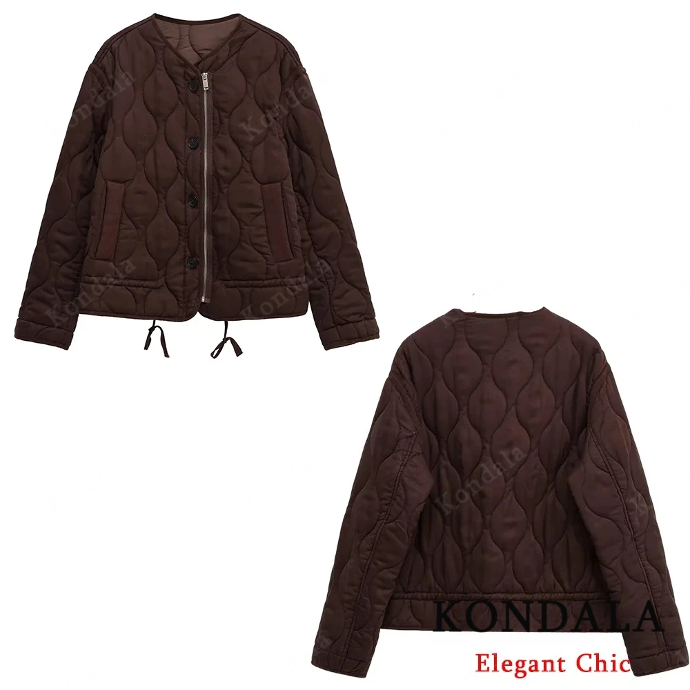 

KONDALA винтажное шикарное свободное стеганое пальто, женское пальто с круглым вырезом и карманами на молнии, осень-зима 2021, модная простая женская куртка в стиле ретро