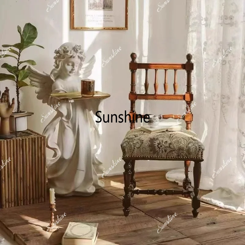French retro solid wood single leisure chair printing fabric is old