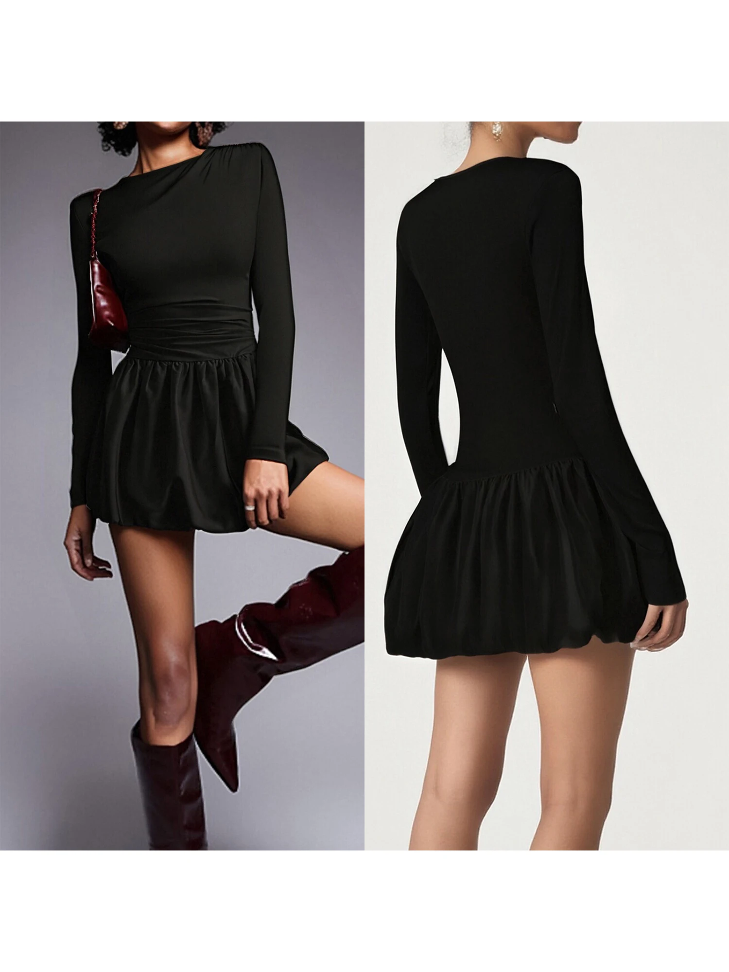 Elegante damesjurk met ruches en lange mouwen, A-lijn silhouet en pasvorm voor dagelijks gebruik, feesten en clubbezoek