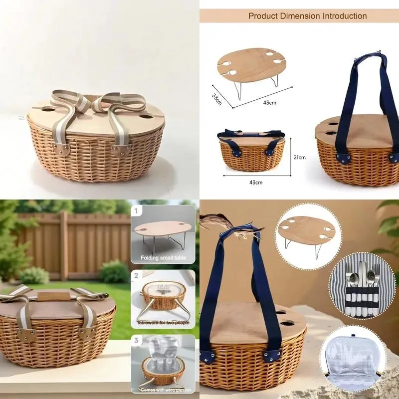 for Hand-woven natural wicker oval picnic basket foldable wooden wine glass tray removable shoulder strap wicker weave