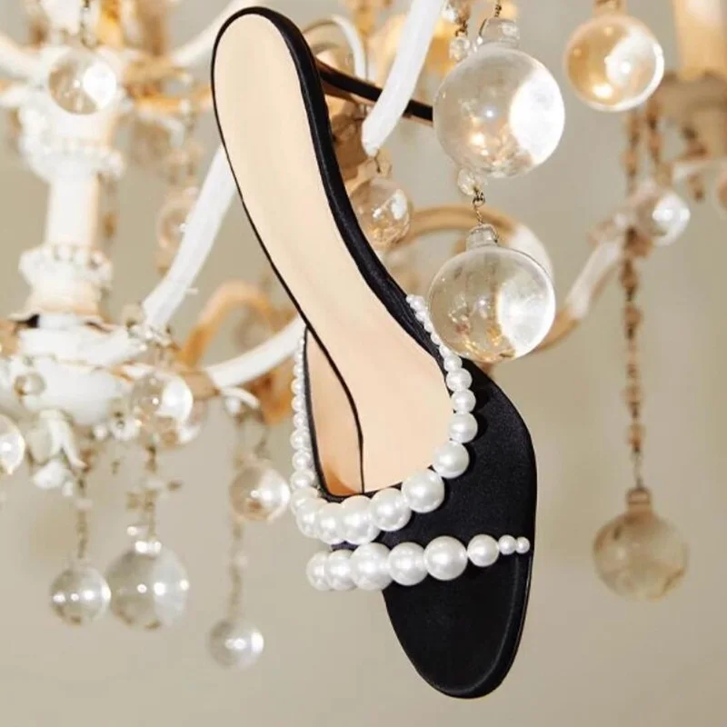 

Concise Pearls Decor High Heel Slippers White Black Satin Open Toe Cover Heels Female Summer Mules Shoes 10cm