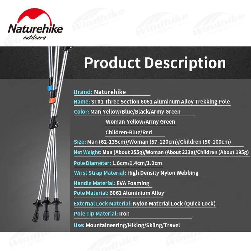 Naturehike Outdoor Ultralight Child & Adult Trekking Pole Aluminum Alloy 135cm/120cm/100cm Hiking Travel Alpenstocks Eva Handle