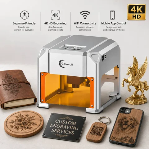 Carverall Lazer Gravür Makinesi, K4 3W, A1 Pro 5W/10W, HD Kamera Konumlandırma ve Çift Lazerli Metal Kesici, WiFi Uygulama Kontrolü, Ahşap Akrilik Deri DIY El Sanatları Ev Atölyesi için Kapalı Masaüstü Gravür Aracı
