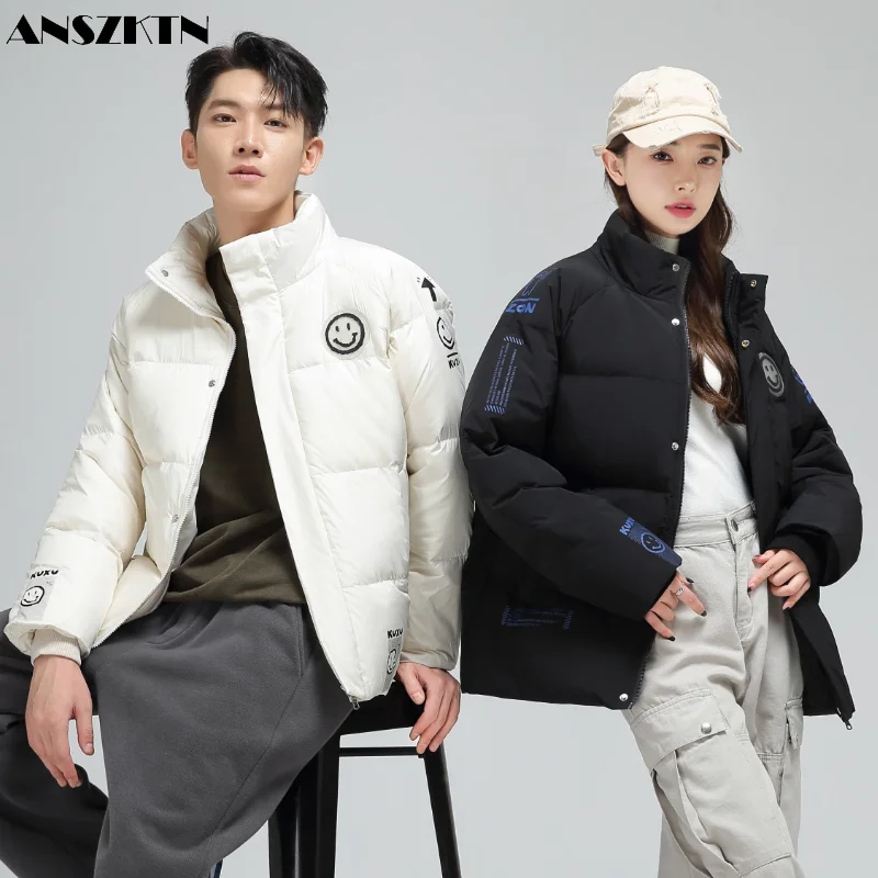 ANSZKTN Winter Unisex Men women's short hand-painted smiley face warm white eiderdown collar coat down jacket