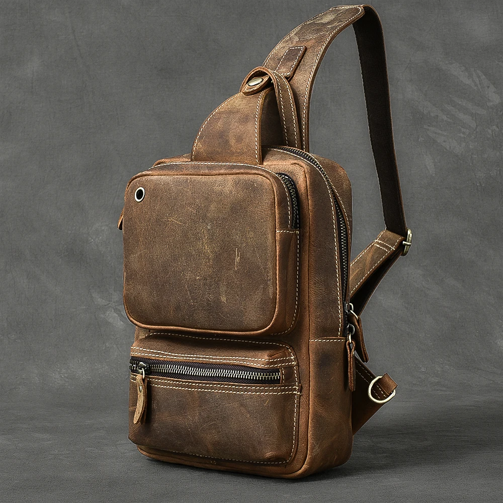 Chest Bag Messenger Bag Multi-pocket Back Pack Vintage Handmade Men's Crazy Horse Leather Top Layer Leather Soft Men Retro