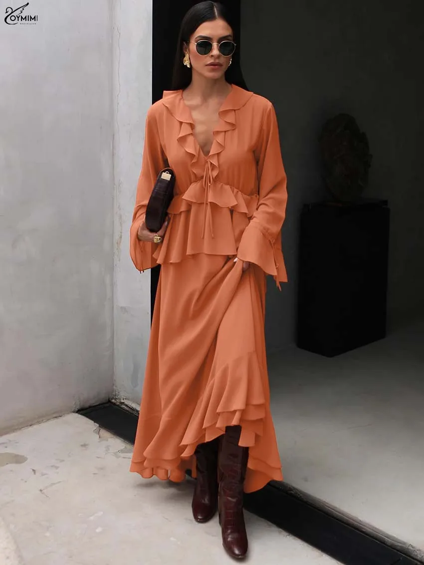

Oymimi Autumn Orange Loose Dresses 2025 Woman Casual Long Sleeve Ruffled Lace-Up Dresses Elegant High Waisted Ankle-Length Dress