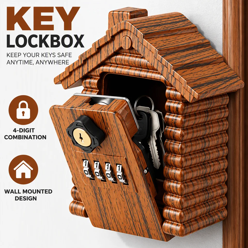 Wood Grain Outdoor Key Lock Box, Wall-Mounted 4-Digit Combination Lockbox for Keys, Medication, Phone & Thermostat,with 3 Keys