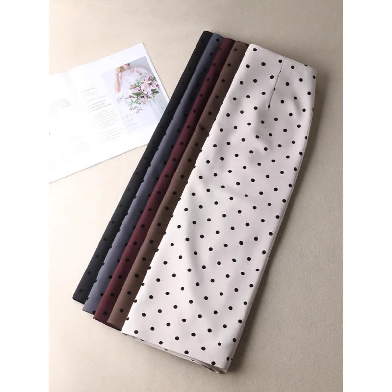 تنورة بولكا دوت ميدي للنساء، تنورة ضيقة شتوية أنيقة ذات ثنيات، تنورة بدلة أنيقة