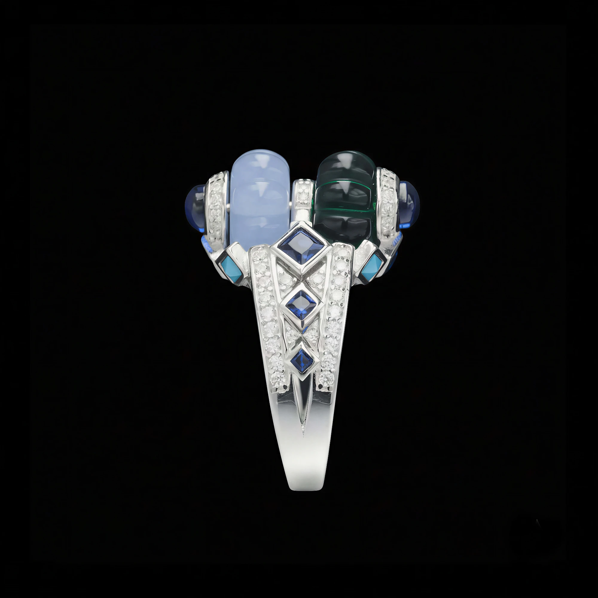 Art Deco Tutti Frutti Ring 925 Sterling Silver Rhodium Plated Elegant Fine Jewelry for Women's Wedding Cocktail Wear