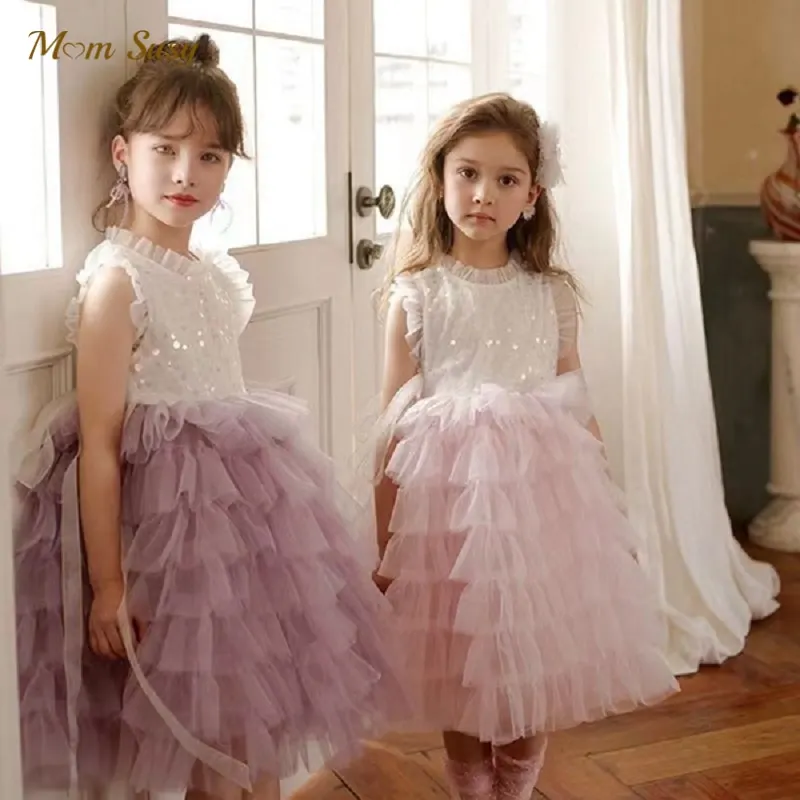 Baby Girl Princess Sequins Layer Tutu Dress Sleeveless Child Fashion Tulle Vestido Wedding Party Pageant Birthday Frocks 2-12Y